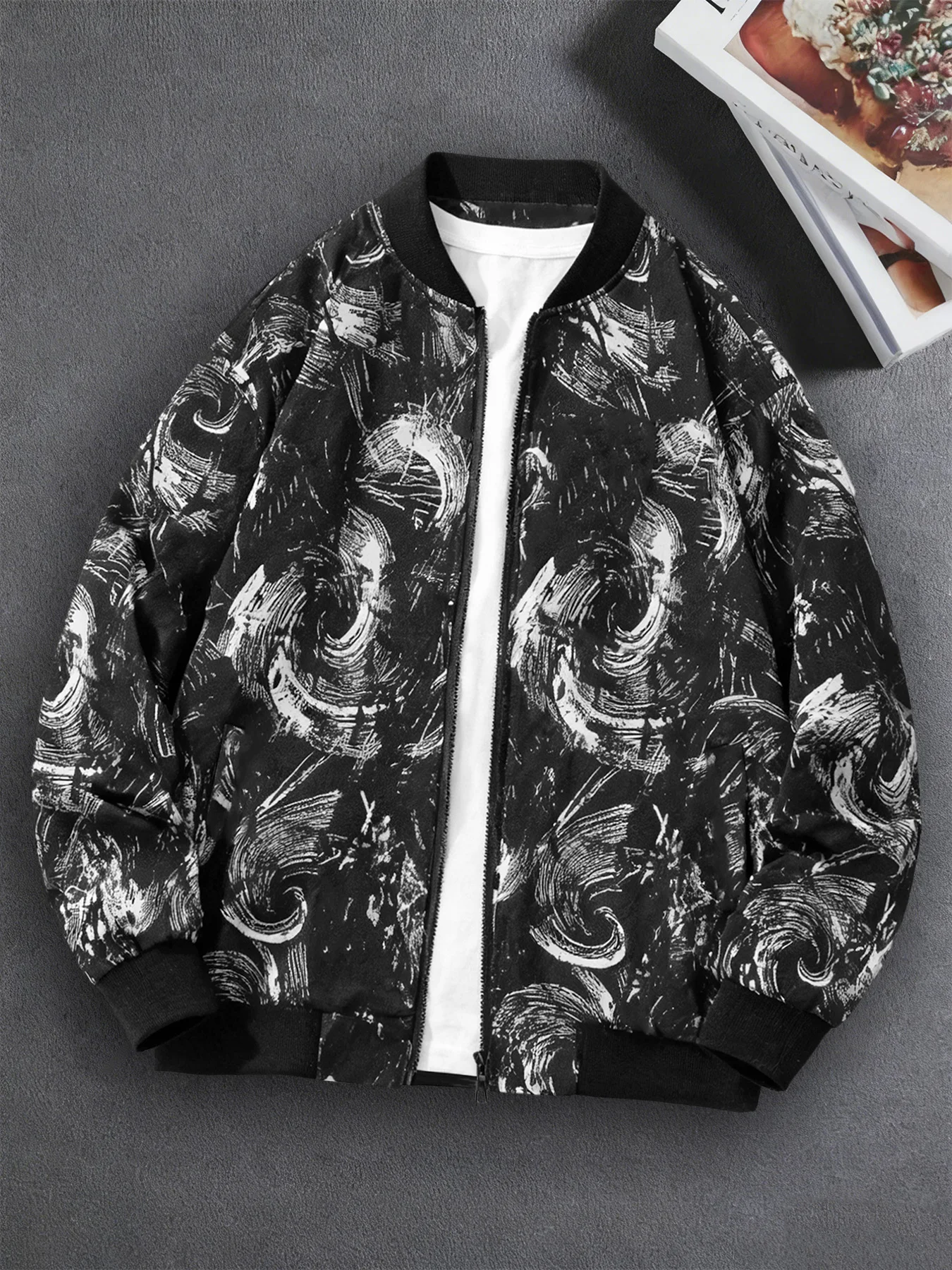 

Spring, Autumn, and Winter Fleece-Lined Double-Layer Baseball Jacket with Black Feather Print.
