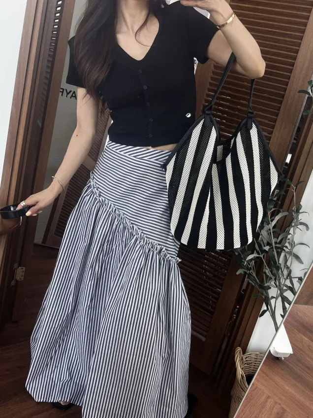 Asymmetric Stripe Splicing Women's Midi Skirt Chic Elastic Waist Slimming Gored Hem Long Trendy Cotton Blend High Waist A-Lin...