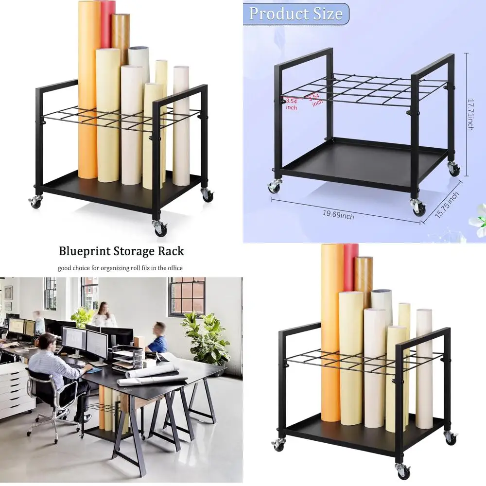 

Металлическая тележка для хранения чертежей с держателем рулонных файлов на 20 слотов для чертежей, плакатов и архитектурных планов — мобильный и прочный