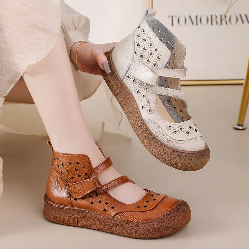 

New thick soled cutout boots women genuine leather shoes summer shallow booties ladies strappy ankle boots woman barefoot shoes