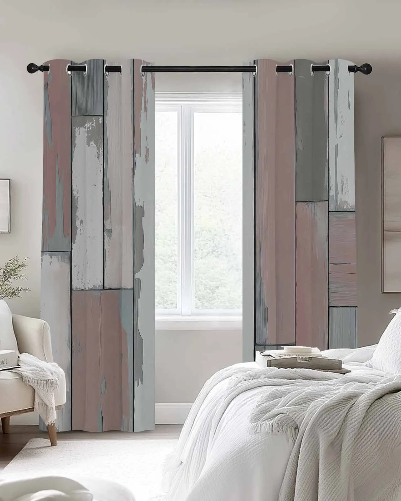 

Modern Window Curtains for Living Room Pink Distressed Plank Wood Grain Curtains for Child Bedroom Kitchen Decor Blinds Drapes