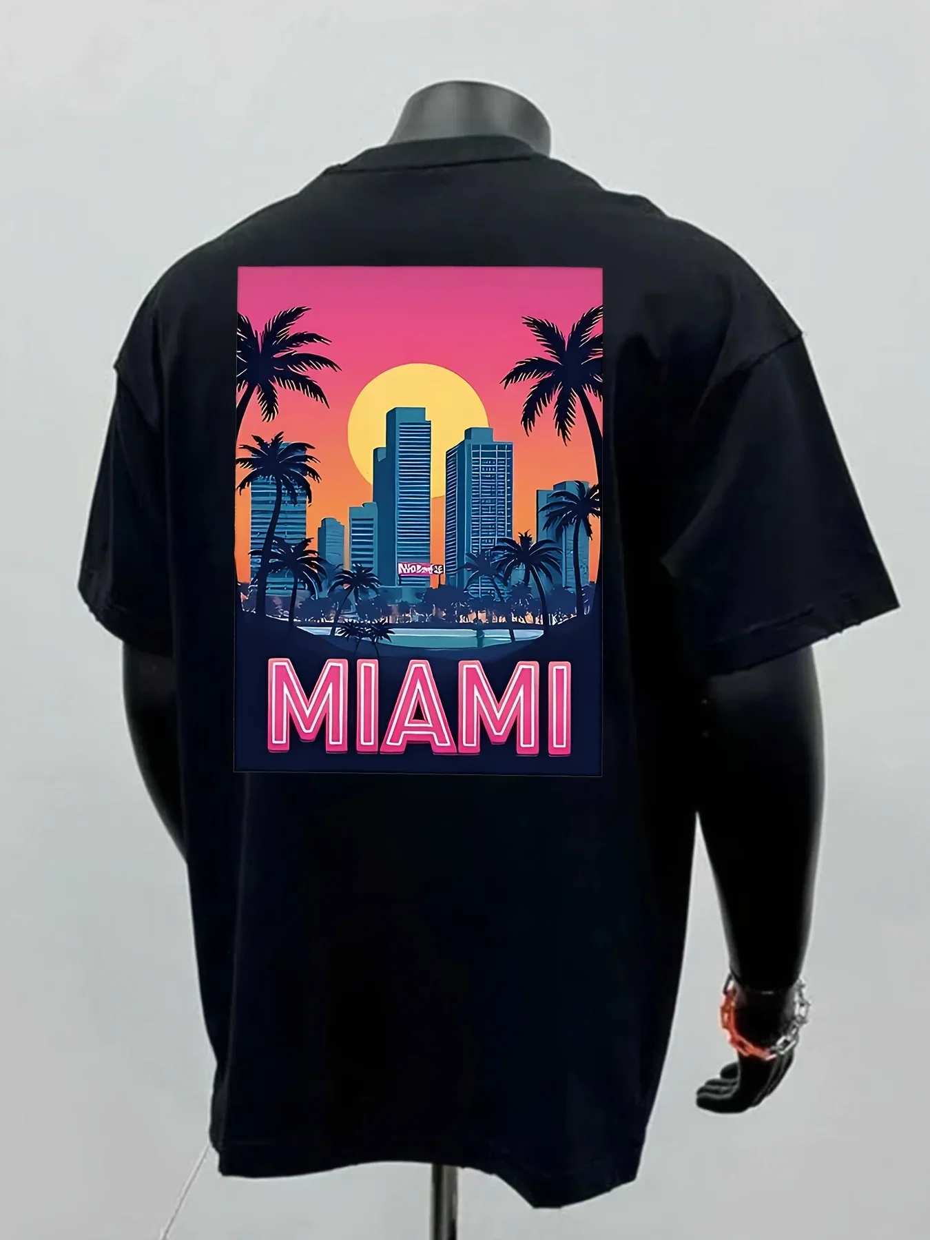 Men Front‑Back Miami Palm Tree Sunset City Landscape Graphic O‑neck White Short Sleeve T‑shirt Loose Unisex Vacation Street Tops