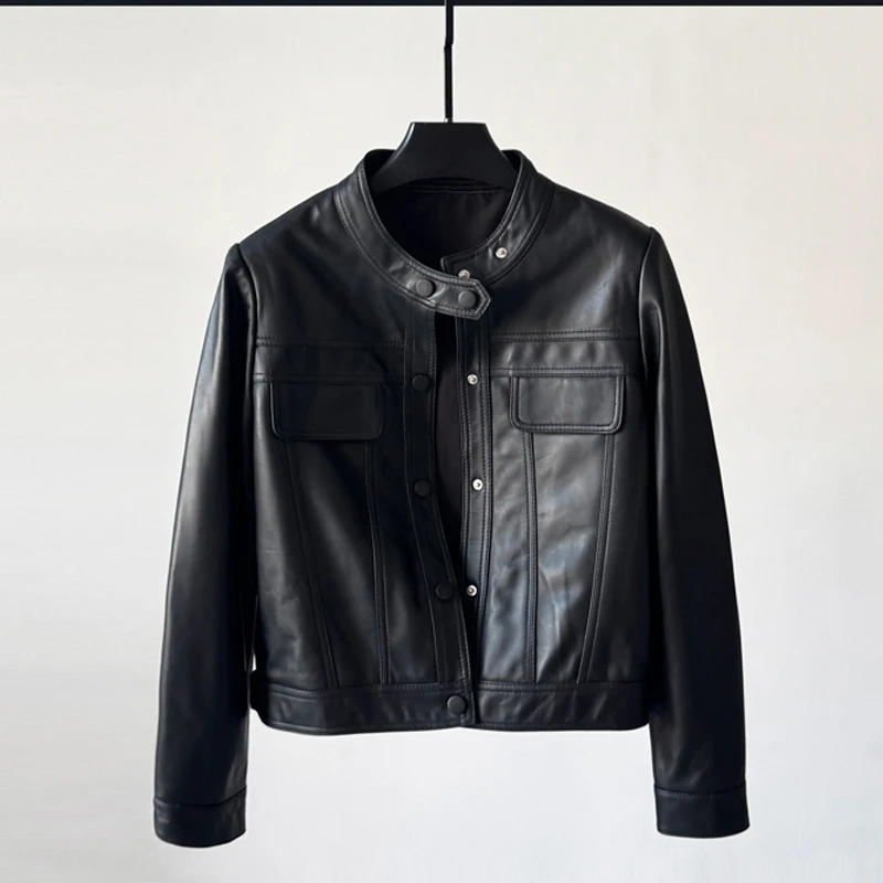 6 farben Echt Leder Kurze Jacken 2025, Herbst Casual Stehkragen Frauen Volle Hülse Schaffell Moto & Biker Jacken Mäntel femme