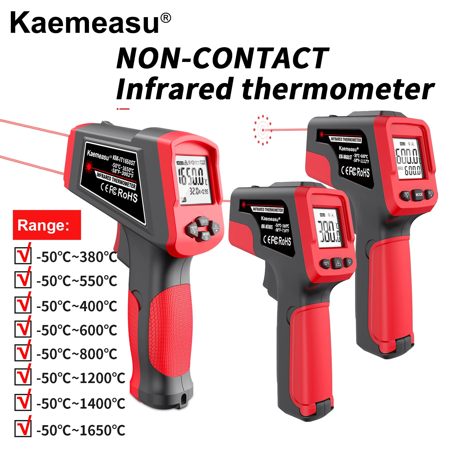 

Kaemeasu Digital Infrared Thermometer Industrial Non-Contact Gun with High And Low Temperature Alarm Multi-Functional