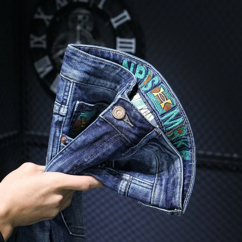 High-End Printed Design Blue Jeans Men's Slim-Fitting Small Straight Fashionable All-Match Embroidered Stretch Men's Trousers