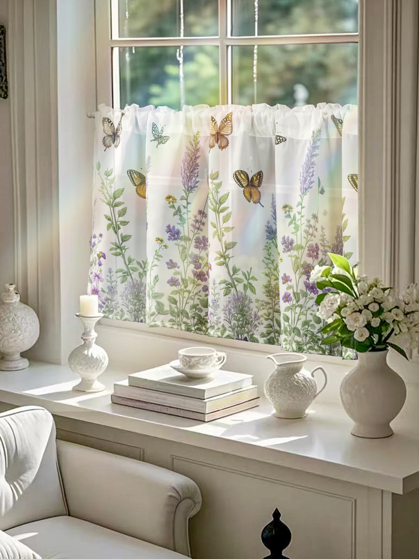 Butterfly Lavender Print Country Style Short Curtain for Living Room Bedroom Cabinet Window Decor Partition