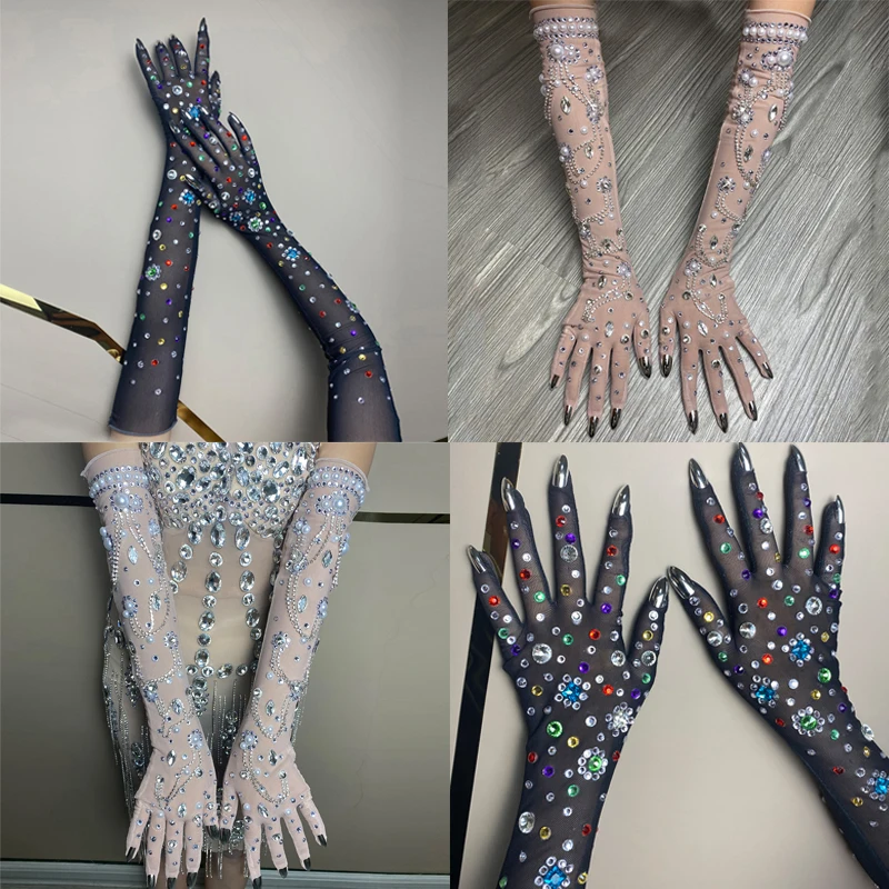 

Colorful Pearls Rhinestones Gloves Women Gogo Dance Wear Nightclub Dj Ds Jazz Rave Outfit Stage Performance Accessories XS7029