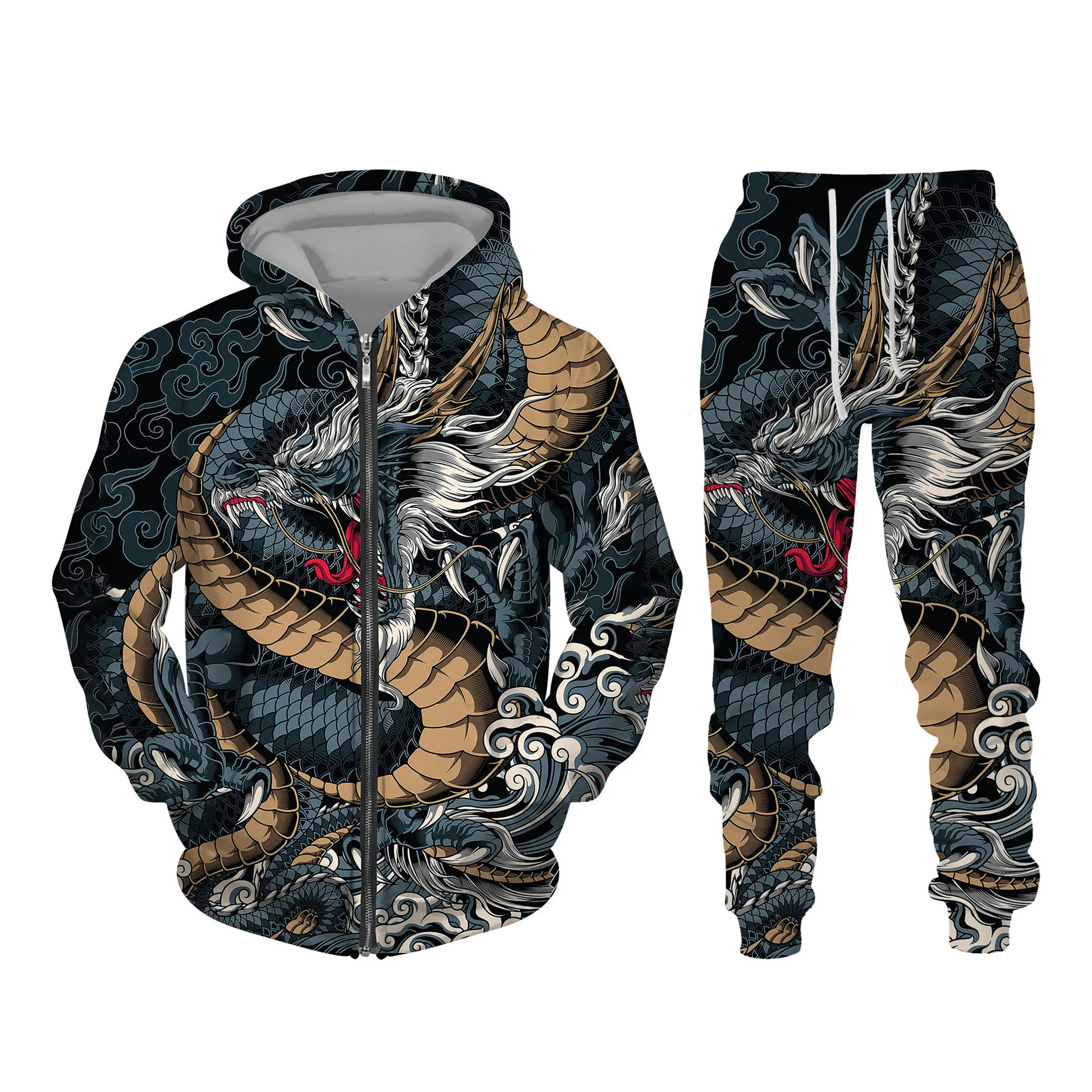 3D Dragon Printed Zip Hoodie + Pants Suit Cool Men/Women 2 Pcs Sportwear Tracksuit Set Autumn and Winter Men's Clothing