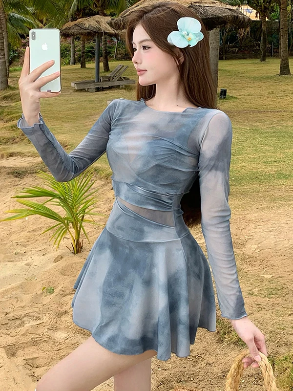 

New Sle Long Sve Thermal Spring Beach Swimwear Dr Conservative Slimming Steel Bracelet Women's Swimming Suit