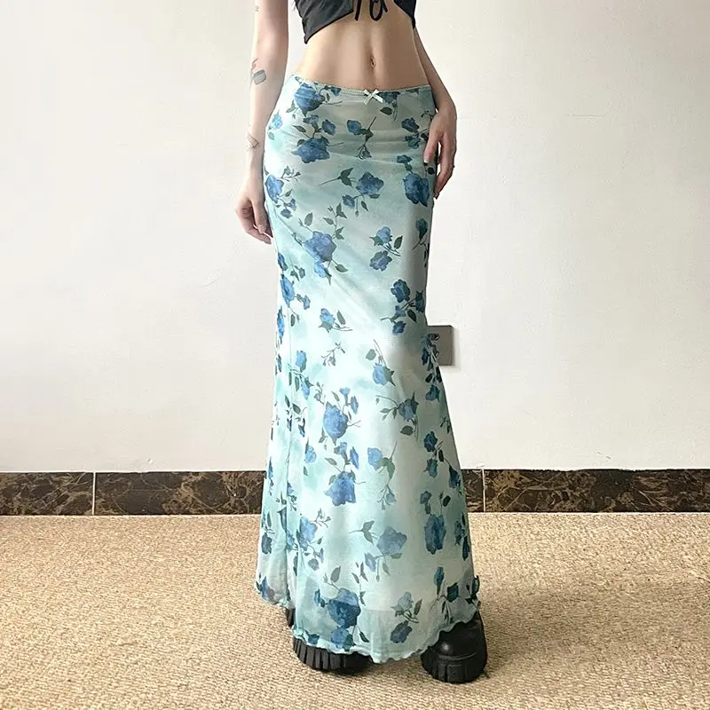 

Women's Casual High Waist Blue Rose Floral Print Mermaid Maxi Skirts Sexy Bodycon Skirts Summer Beach Boho Vacation Long Skirts