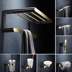 Brass Bathroom Accessories Gold & Black Bathroom Shelf,Towel Rack,Towel Hanger Paper holder,Toilet Brush Holder Bath Hardware