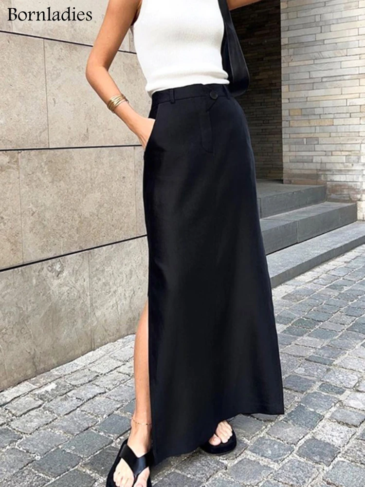 Bornladies 2022 Women's Vintage Elastic Waist Buttons  Skirts Summer Female Casual Cotton Black Split Long Skirts