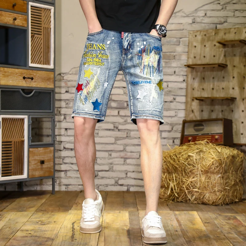 High-end ripped denim shorts Men's straight stretch five-minute pants letter broken holes embroidery men's models