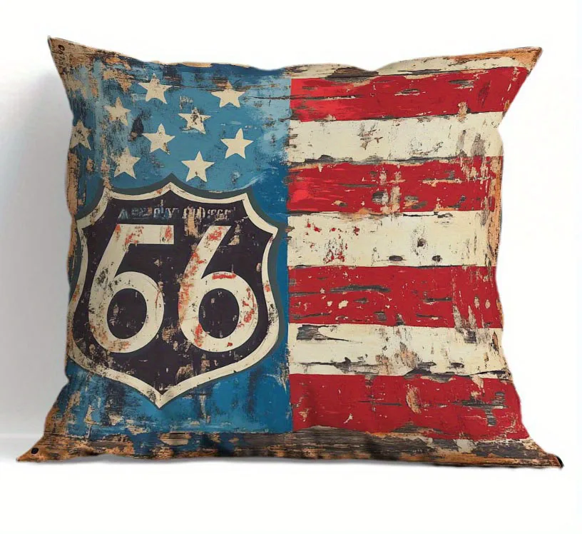 1Pc Vintage Route 66 American Flag Pillowcase, Decorative Cushion Cover for Office, Bedroom, Living Room, Car & Sofa