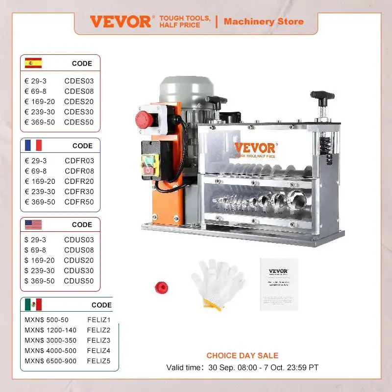 VEVOR Electric Wire Stripping Machine Cable Stripper Peeler 750W 1.5-32mm 10 Channels Acrylic + Aluminum Scrap Copper Recycling