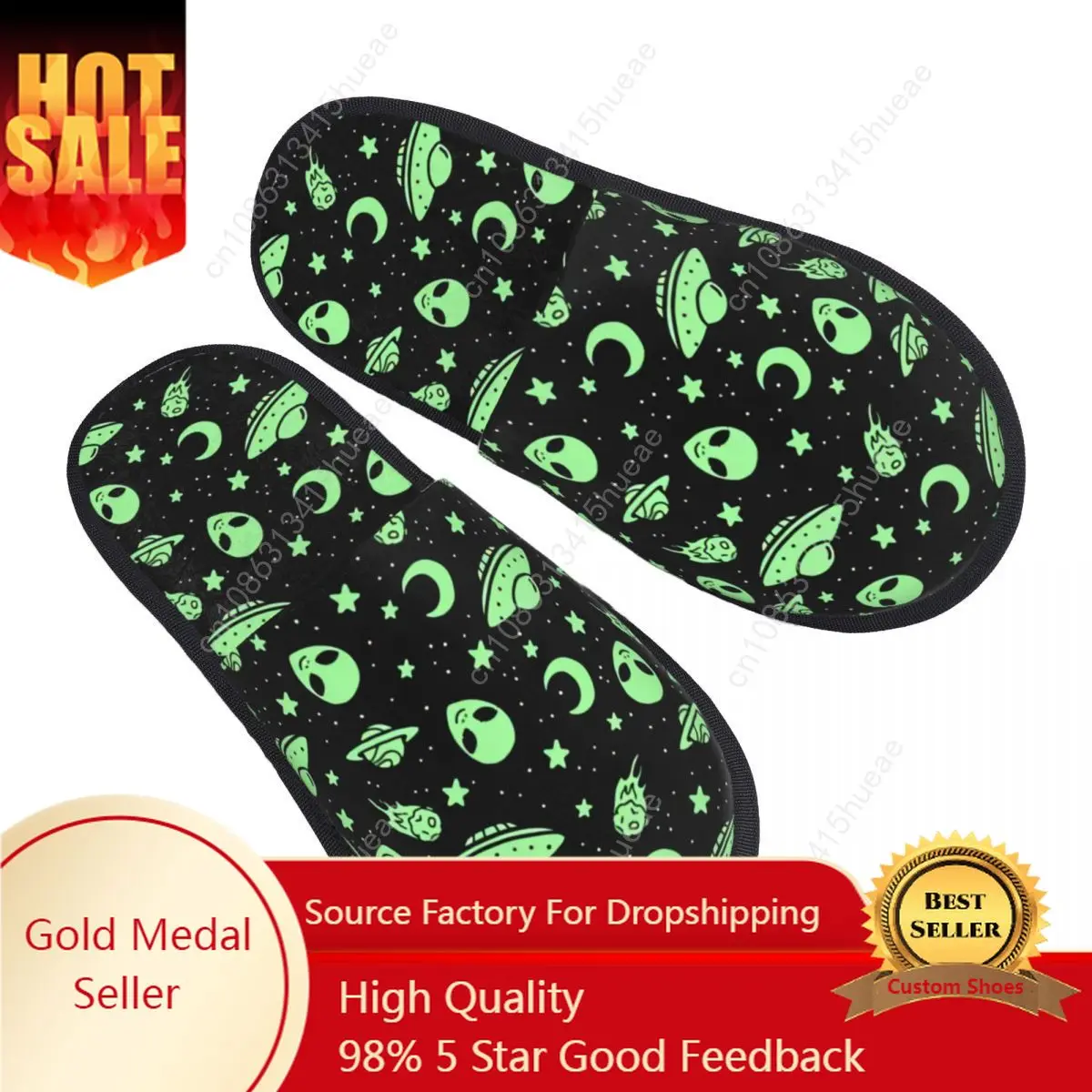 

Custom Green Alien UFO Moon Soft Memory Foam House Slippers Women Comfy Warm Anti-skid Sole Slipper