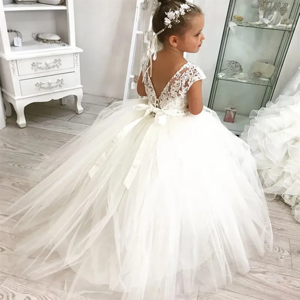 

Holy Princess Flower Girl Wedding Dress Appliques Bow Sleeveless Long Kids Birthday Party Pageant First Communion Ball Gown