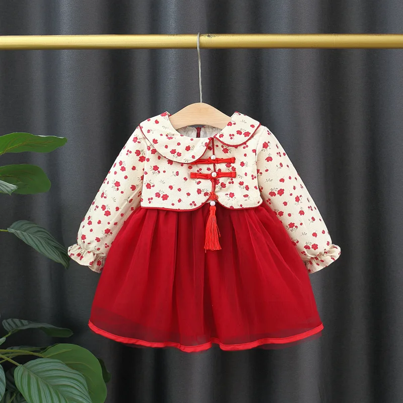 

Baby Girl Dress Spring/Autumn Cotton Flower Collar Mesh Bubble Sleeves Girl Dress Sweet And Cute Princess Dress Baby Clothing