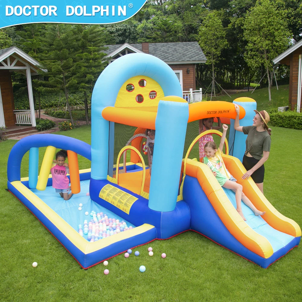 

Doctor Dophin Inflatable Bounce House Bright Color Slide Jumper with Blower Five in One Structure Multiple Fun for Kids