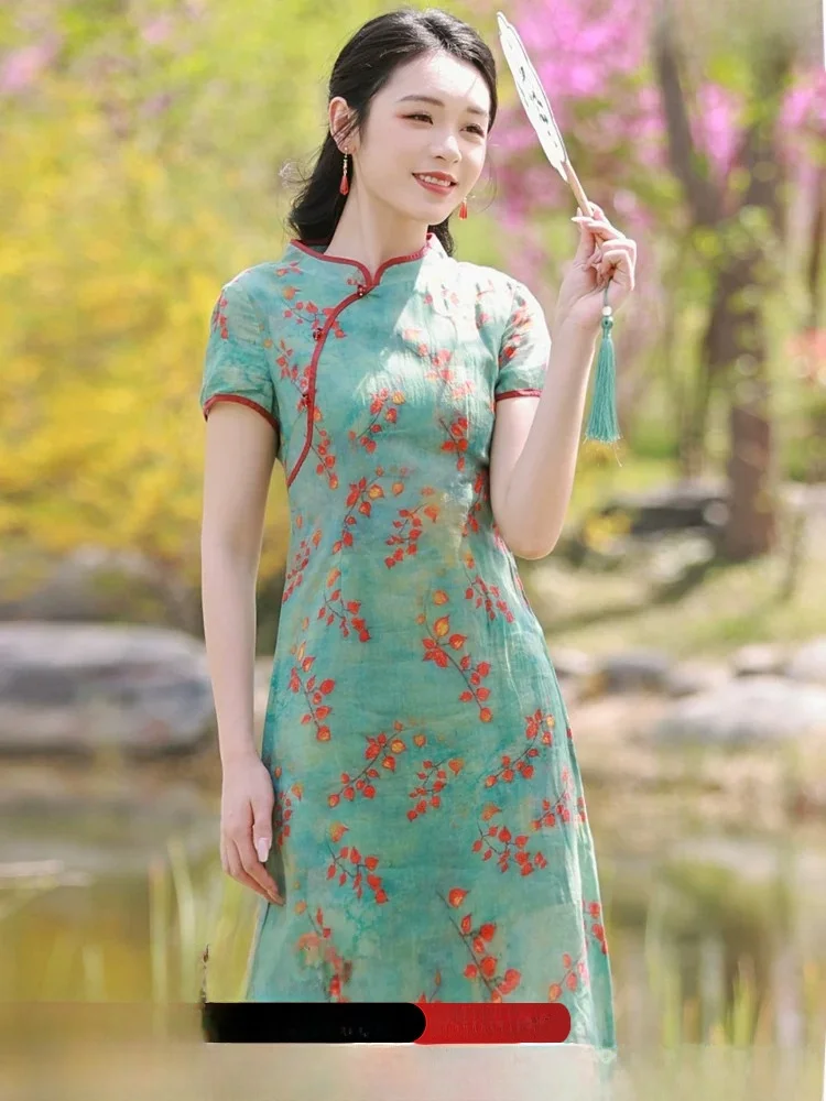 

Green Improved Version Firework Ironing Short Dress Low Slit Short Sleeve Floral Pattern for Women over 35 Years Old