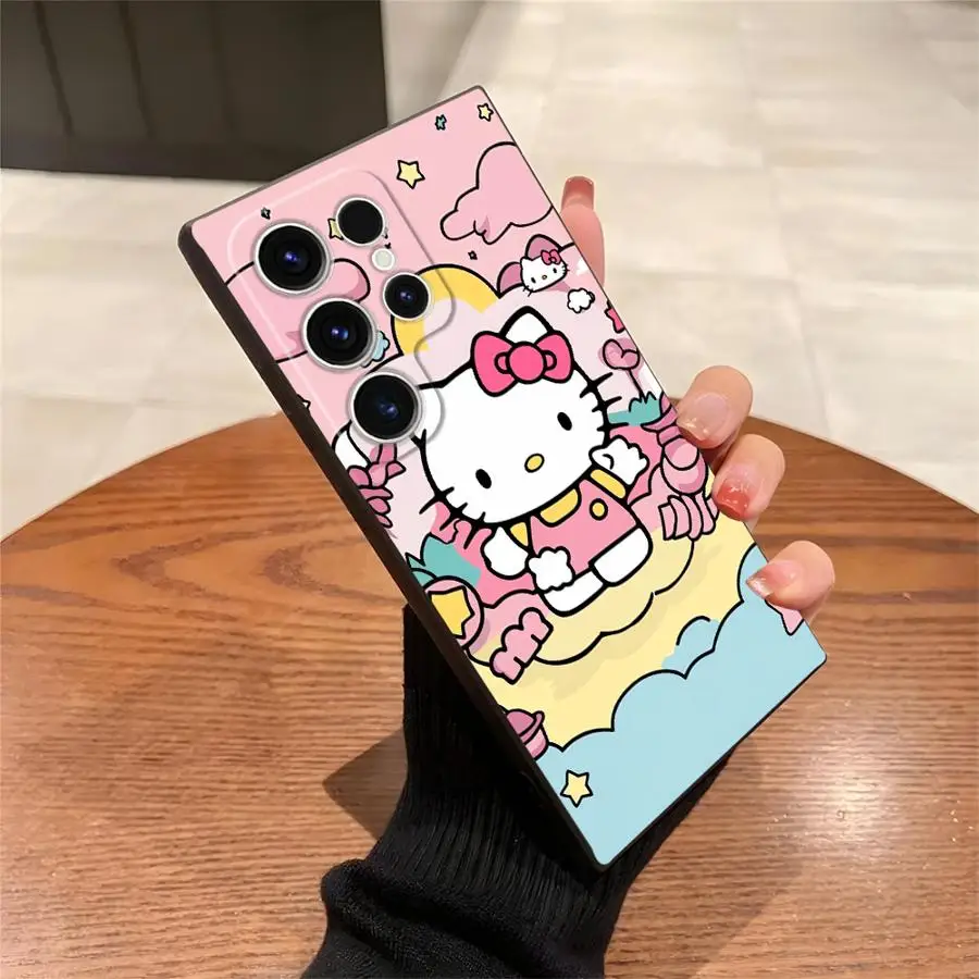 حافظة سانريو هالو كيتي اللطيفة لهاتف سامسونج جالاكسي S25 Edge S23 Ultra S20 S24 Plus S21 FE غطاء هاتف ناعم أسود