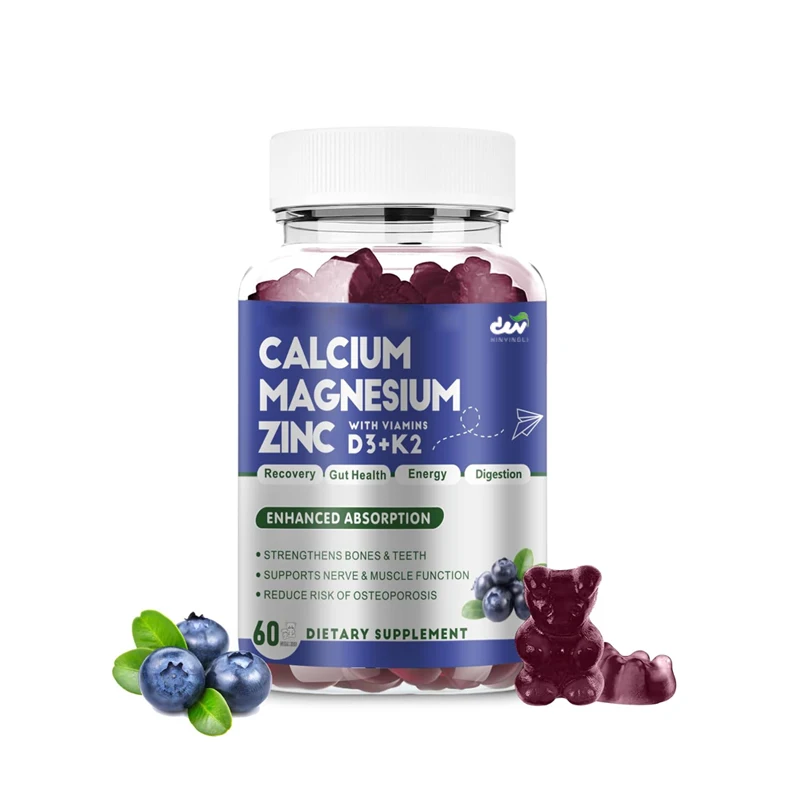 

Calcium magnesium zinc gummies containing vitamin D3 and K2, used for bone and immune support, 60 gummies