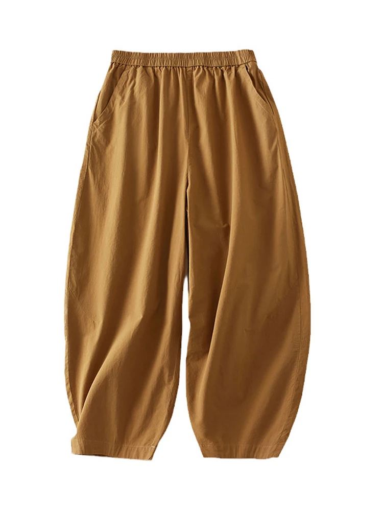 Calça de harém de algodão feminina, cintura elástica, calça de lanterna solta com bolsos, calças largas rabanete, nova, outono, 2023