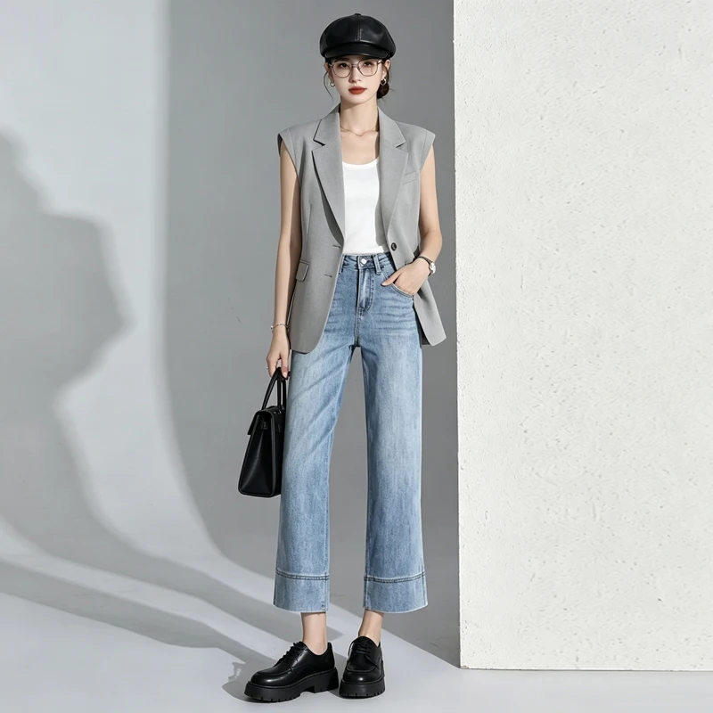 High Waist Washed Cuffed Wide Leg 9/10 Jeans for Women, Retro Versatile Slim Straight Casual Pants