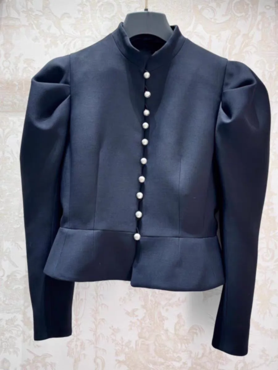 

New Pearl Buttoned Multi-Tie Silk Hair Bubble Sleeve Waist-Cinching Short Coat Women's Fashion Commute Style Slim Fit Long Sl...