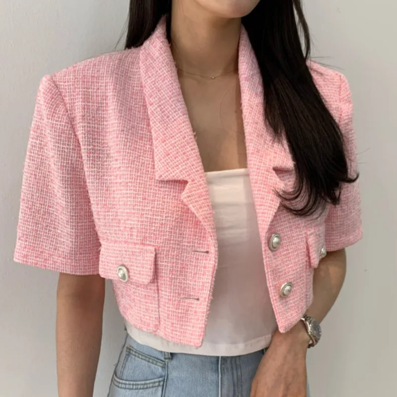 شيك شارع العليا قصيرة الأكمام سترة المحاصيل للنساء الصيف بلون بدلة أنيقة أبلى جيوب سيدة رداء قصير