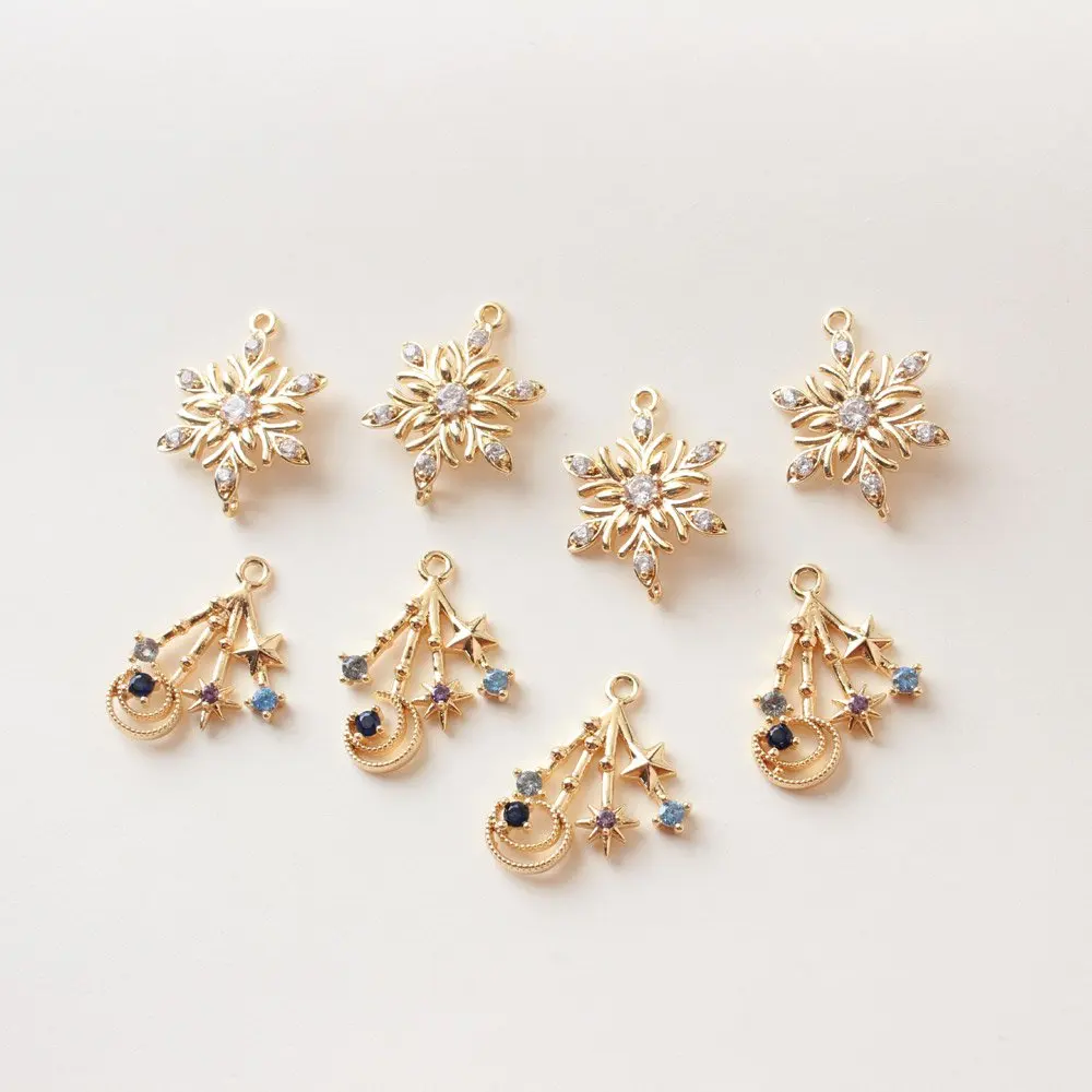 4PCS Snowflake Crescent Charms Zircon Jewelry Making Supplies Pendant DIY Hand Made Brass 18k Gold Plated 14*19mm