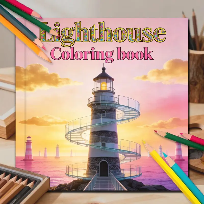 Lighthouse Adult Coloring Book, 24 Pages, Relieving Stress & Relaxing the Body and Mind, Ideal Gifts for Friends, Family Members