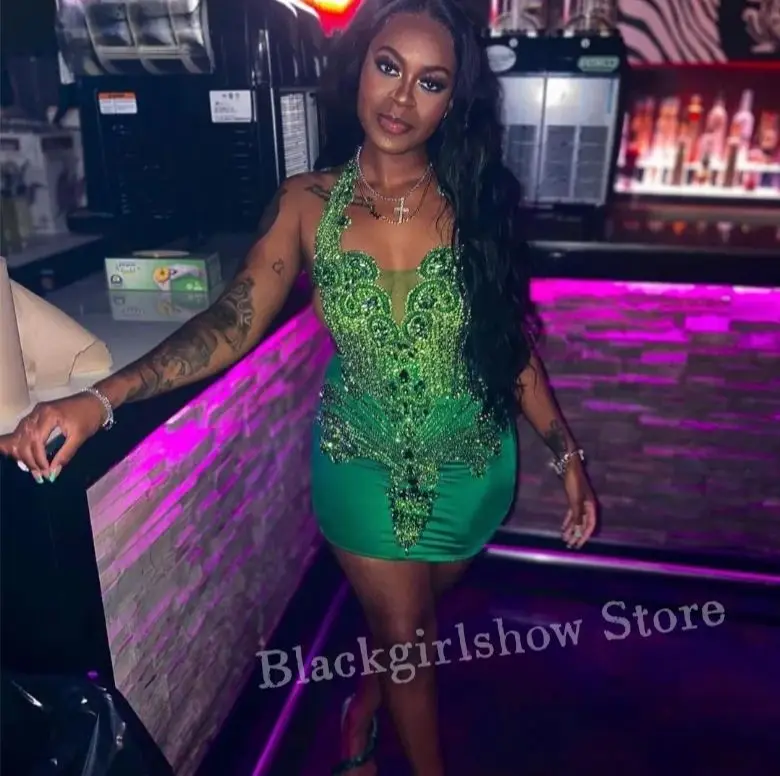 Emerald Green Sexy Diamante Short Cocktail Dress 2024 Glitter Beaded Black Girls Birthday Party vestido fiesta corto