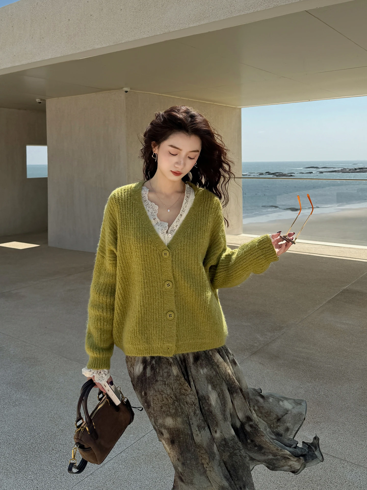 

Thiened Knitted Sweater Coat Mustard een V-ne Loose Fit Warm Winter Faion Retro Sle Women's Premium Quali Outerwear
