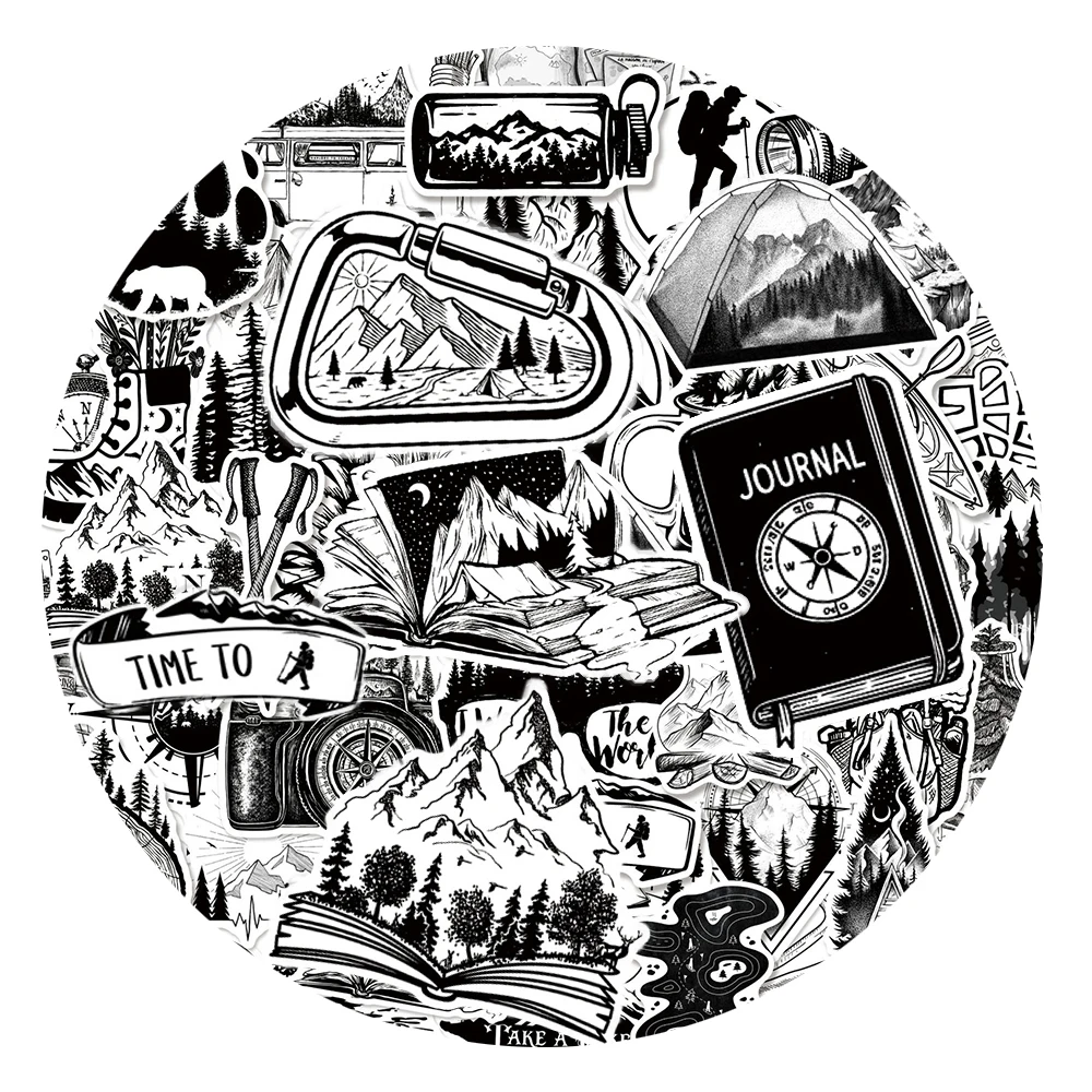 

10/30/50pcs Outdoor Hiking Camping Black White Stickers Mountain Climbing Sticker Laptop Suitcase Phone Graffiti Decals Toy Gift