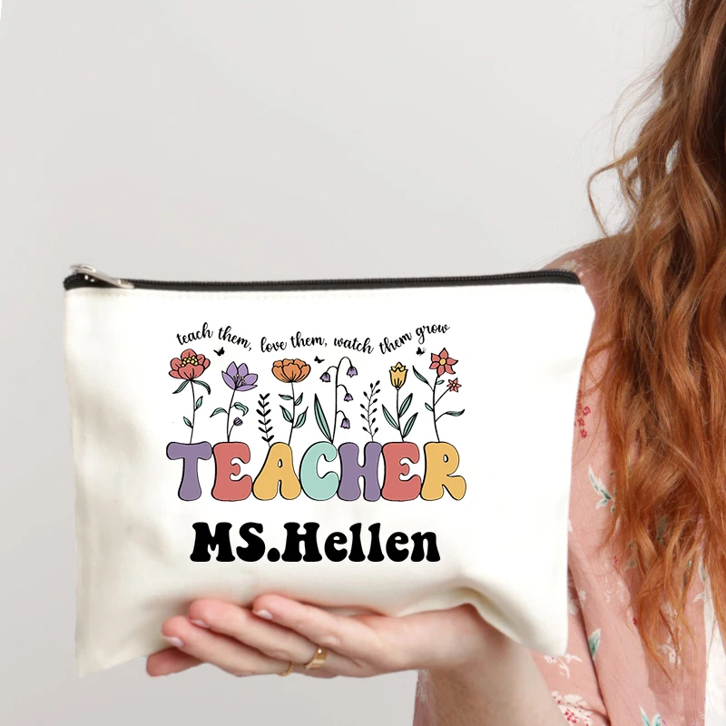 Teacher Personalized Canvas Cosmetic Bag Customized Name Travel Zipper Pouch Perfume Lipstick Storage Makeup Bags Teachers Gift