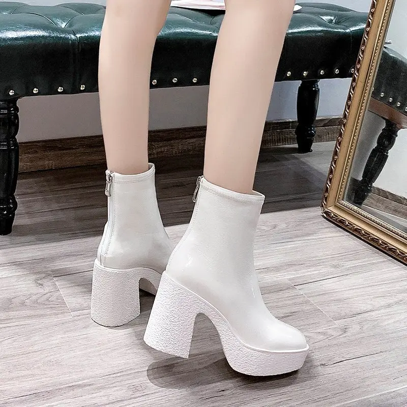 Buty damskie skórzane kwadratowe szpilki połowy łydki okrągłe Toe buty zimowe kobieta ciepłe komfort moda platforma Zipper buty czarne