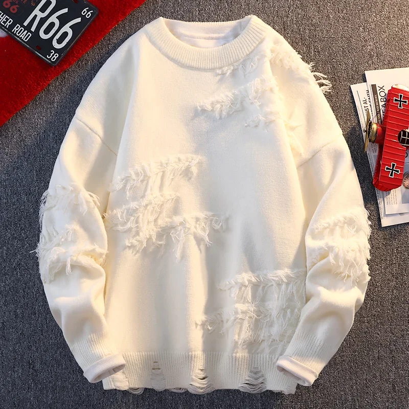 Winter Harajuku Gothic Fashion White Sweater Men Vintage Oversize Pullover Knitwear Y2K Streetwear Hip Hop Hole Pullovers jersey