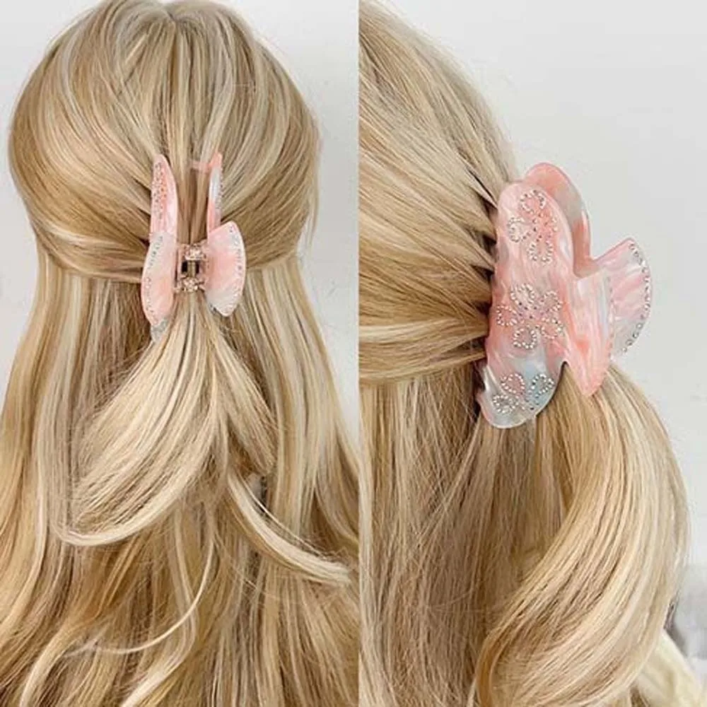 

Iridescent Rhinestone-inlay Hair Claw Korean Style Contrast Color Women Shark Clip Flower Elegant Acrylic Hair Claw Headwear