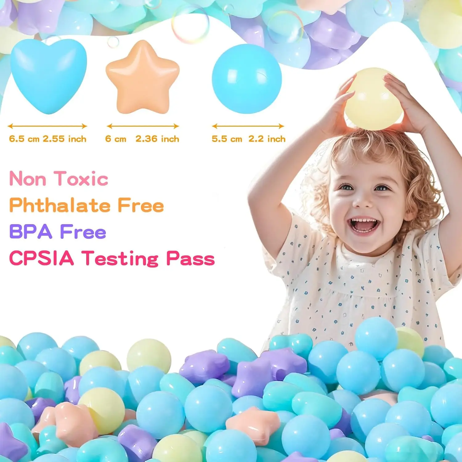 Piłeczki do basenu z kulkami 100 sztuk, 5 pastelowych kolorów, plastikowe piłeczki dla maluchów, bez ftalatów, bez BPA, odporne na ścieranie, zabawki wielokrotnego użytku.
