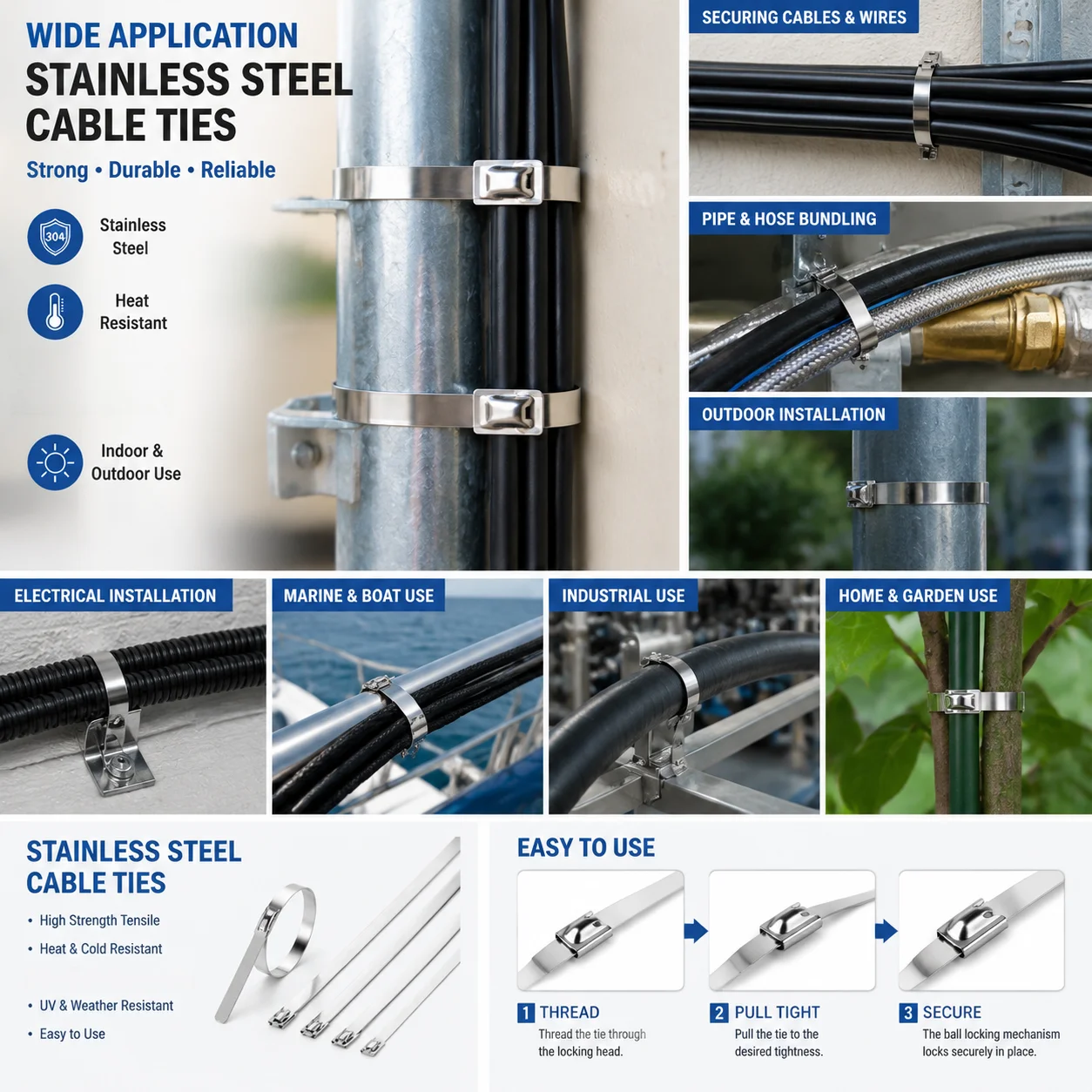 304 stainless steel cable tie, 250mm long, 7.9mm wide, self-locking high-temperature resistant metal tie for bundling cables