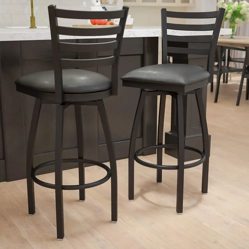 2 Pack HERCULES Series Black Ladder Back Swivel Metal Barstool Black Vinyl Seat