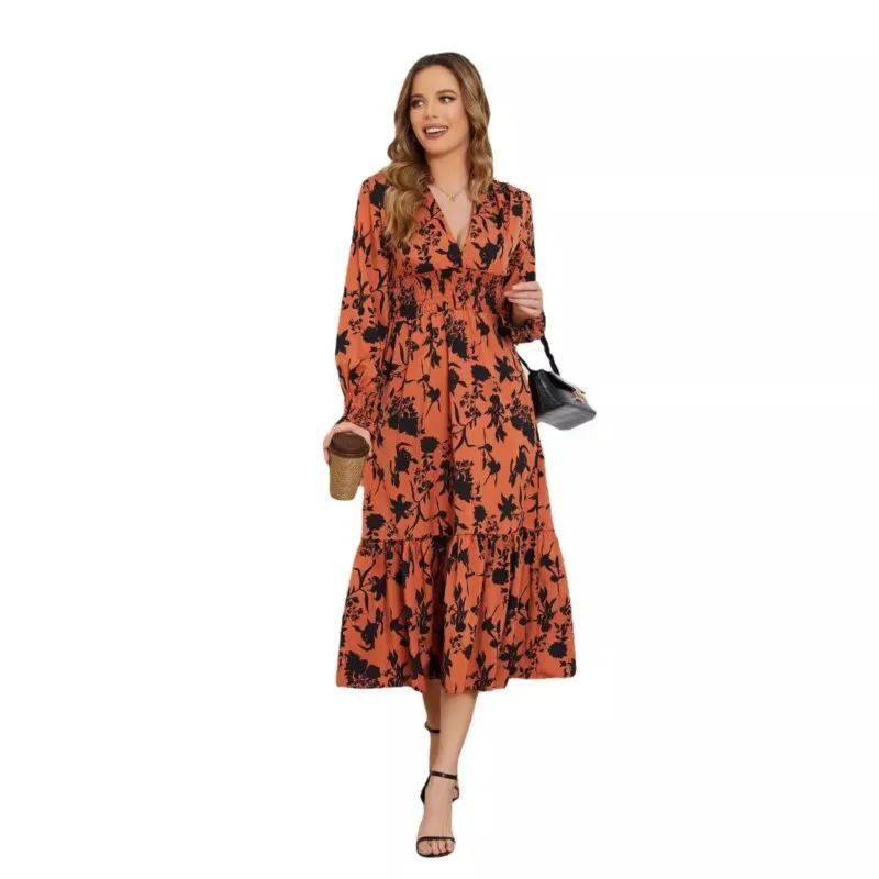 Laranja novo outono vestido longo para mulher 2024 v colarinho pulôver lanterna mangas a linha floral impressão elegante vestido das senhoras