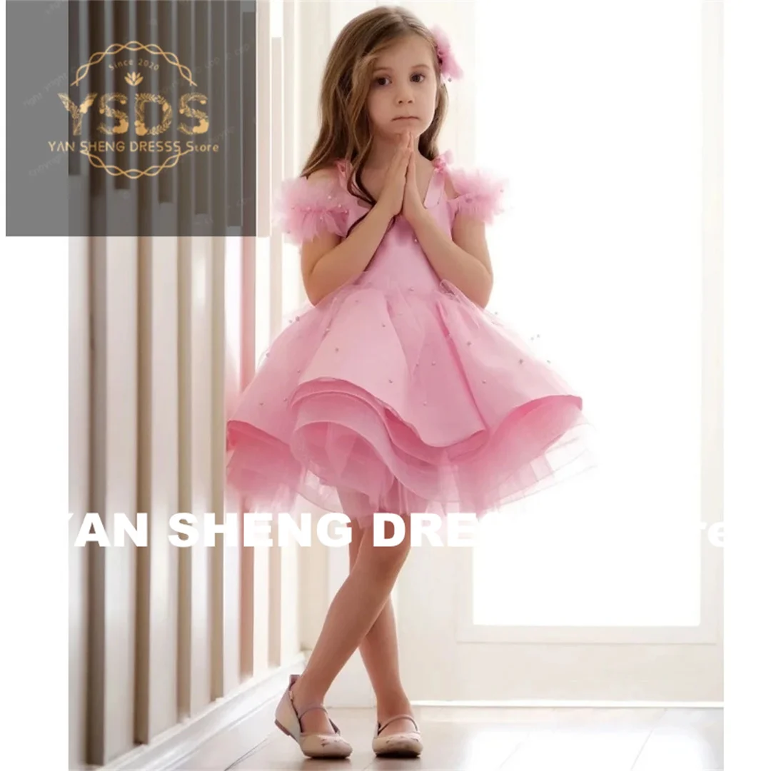 Customized Flower Girl Dresses Pink Satin Tulle Puffy Pearls Short Sleeve For Wedding Birthday Banquet Princess Holy Communion G