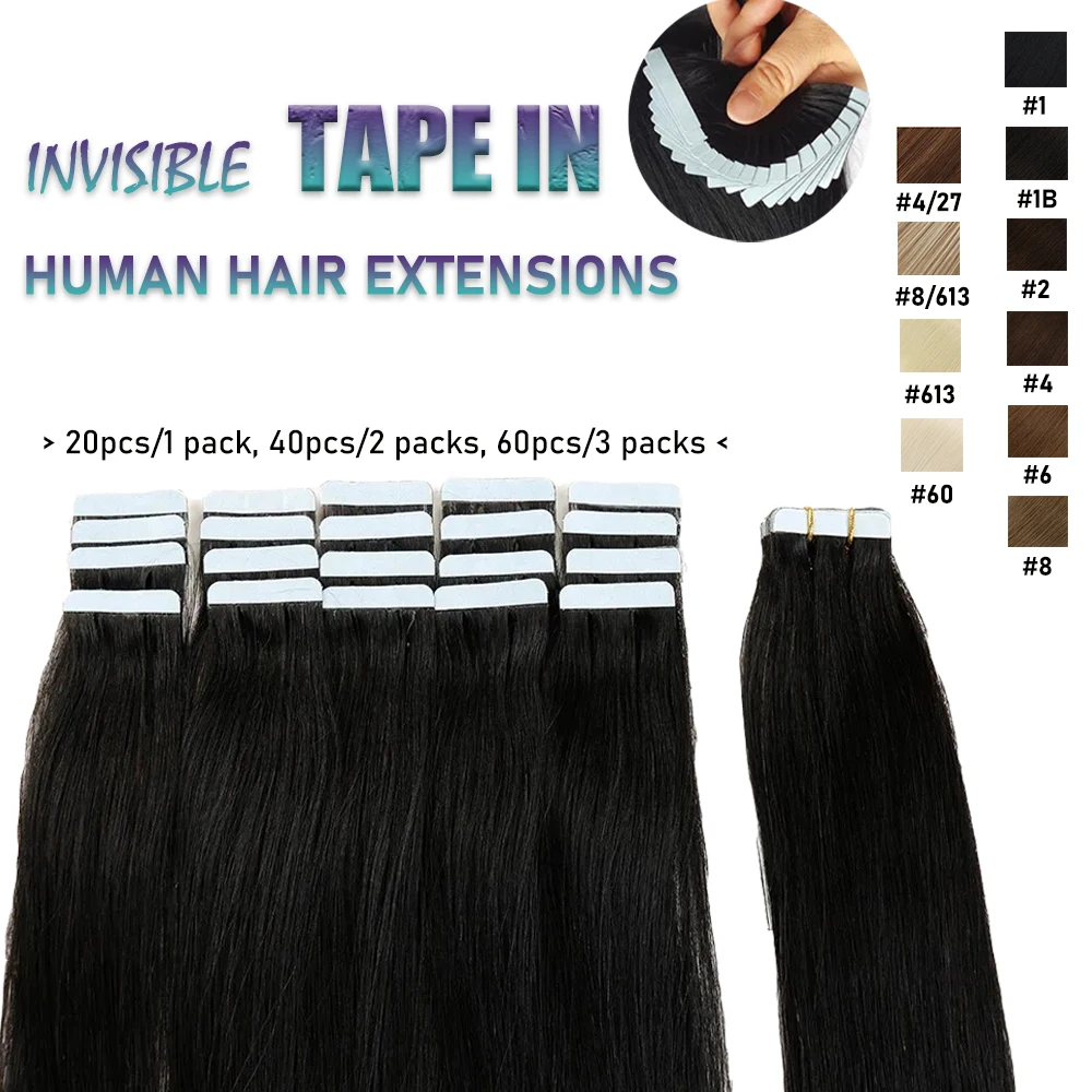 Straight Tape In Hair Extensions Human Hair 100% Real Human Hair Extensions Skin Weft Adhesive Glue On Salon Quality For Woman