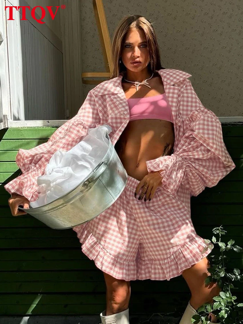 

TTQV Fashion Loose Stripe 2 Piece Sets Women Outfit 2025 Elegant Long Sleeve Shirt With High Waist Ruffle Shorts Set Female
