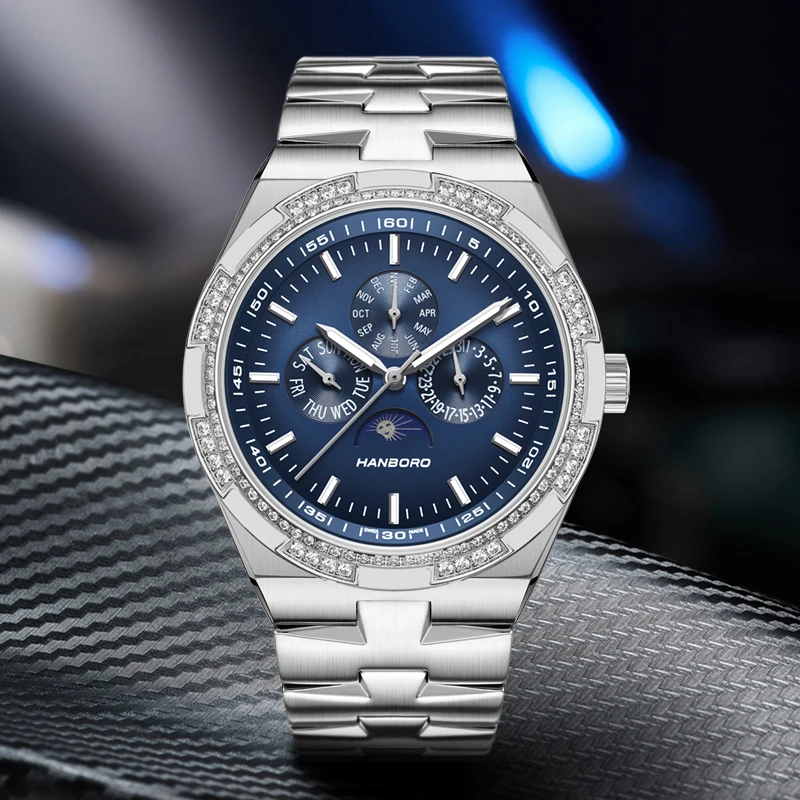 HANBORO Men's Multi functional Fully Automatic Mechanical Night Light Waterproof Watch