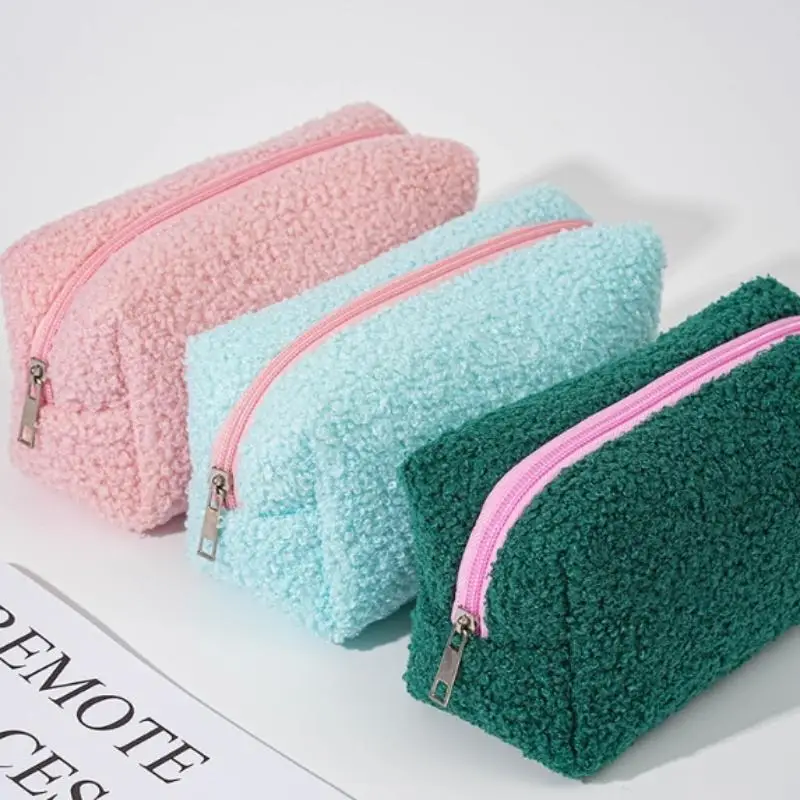 Solid Color Plush Travel Makeup Bag Portable Zipper Cosmetic Toiletry Washing Storage Pouch For Women
