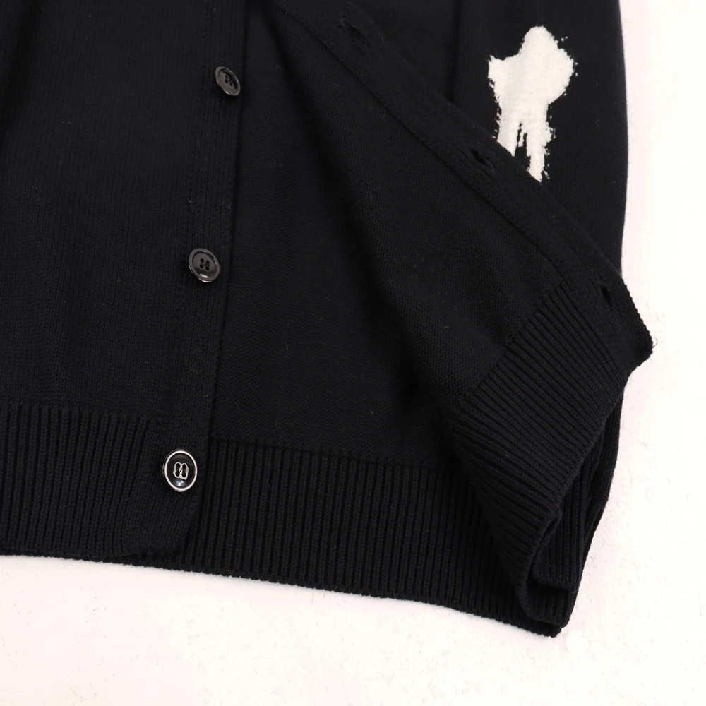 Kardigan Pria Street Wear V-Neck Rajut dengan Pola Tulang Gaya Hip Hop Sweater Rajut Kasual Katun Lengan Panjang