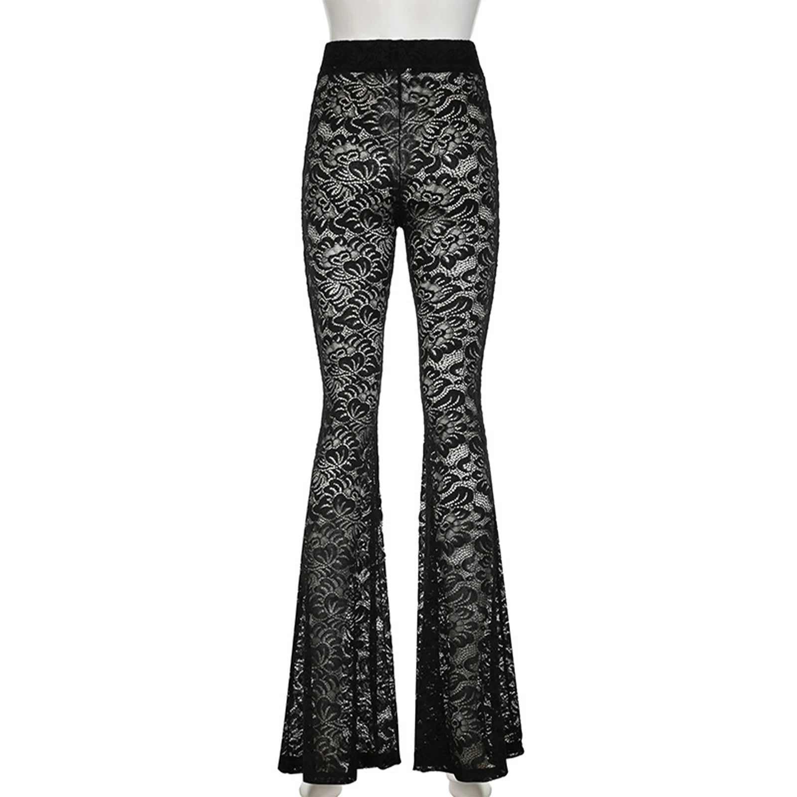 Pantalon évasé transparent en dentelle florale pour femmes, taille haute, bas de cloche, couverture, pantalon Long pour fête d'anniversaire en Club